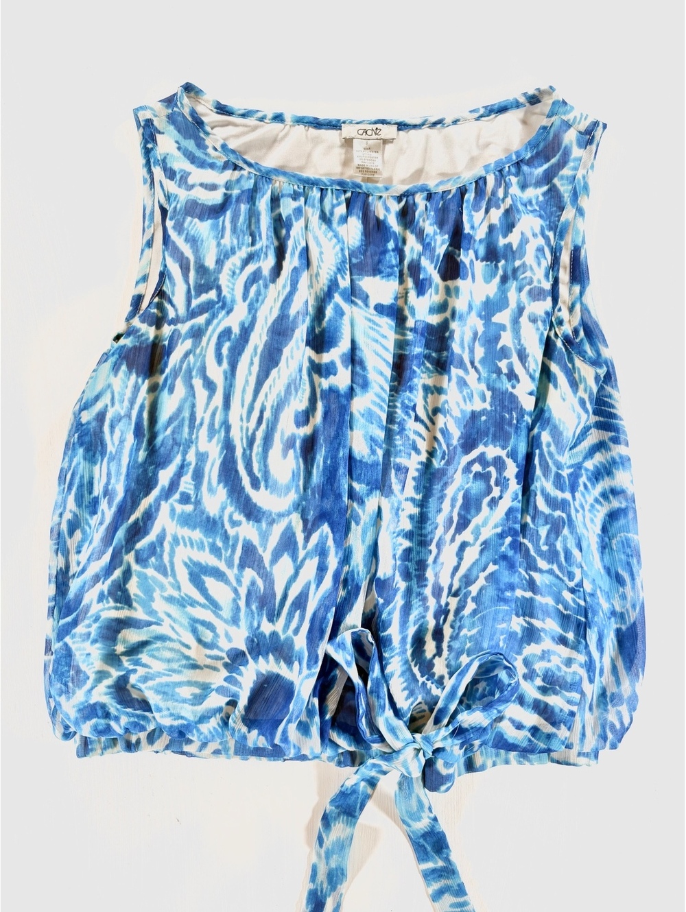 Vintage Cache Blue White Watercolor Tie Dye Print Tie Front Top Size S